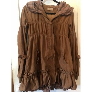 BUDUAN Brown suede Ruffle Hooded Jacket Anime Lolita mori girl Vtg fairy femme M